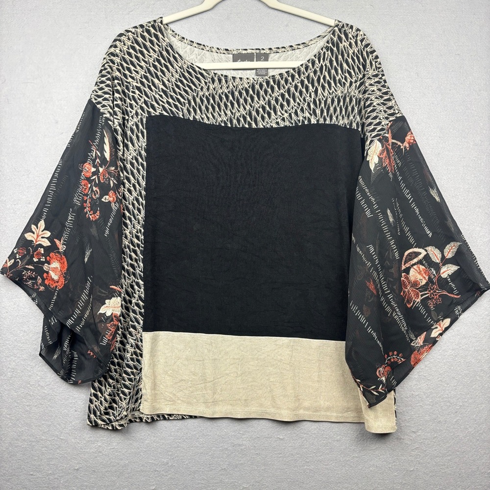 Chicos Travelers Top Womens 2 L Mixed Print Kimono Sleeve Geometric Floral - Picture 3 of 8